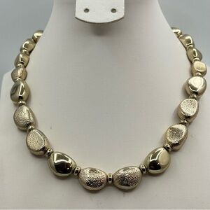 Stunning Gold-Tone Beaded Necklace w/ Textured & Polished Ovals Statement Collar